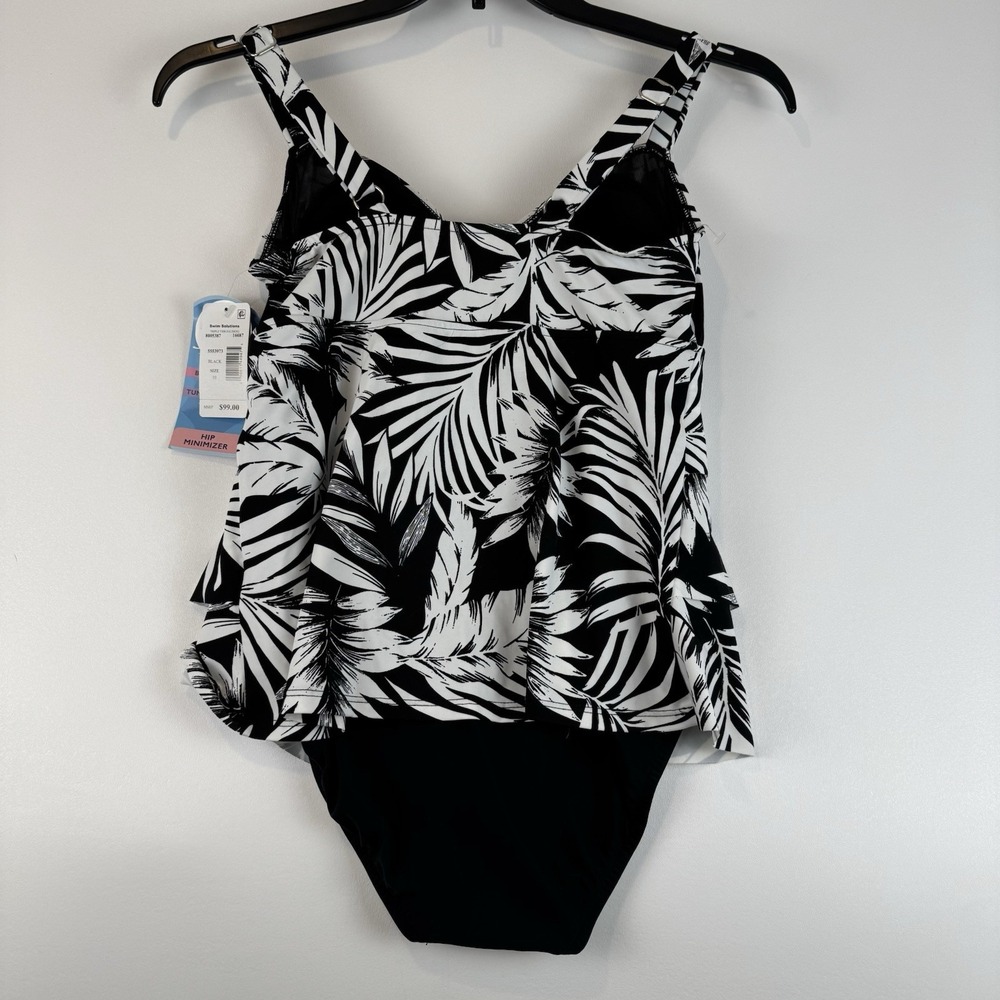 Swim Solutions Triple Tier Fauxkini Swimsuit Black White Palm Leaf Size 10 NEW - Picture 8 of 13